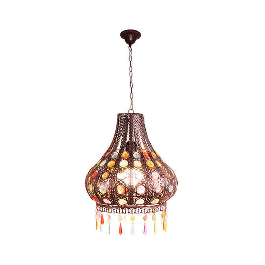 Bohemia Teardrop Ceiling Pendant Light: Metal Hanging Lamp with Decorative Gem in Weathered Copper