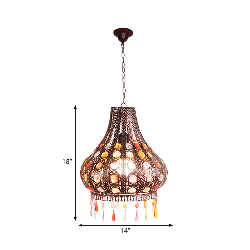 Bohemia Teardrop Ceiling Pendant Light: Metal Hanging Lamp with Decorative Gem in Weathered Copper