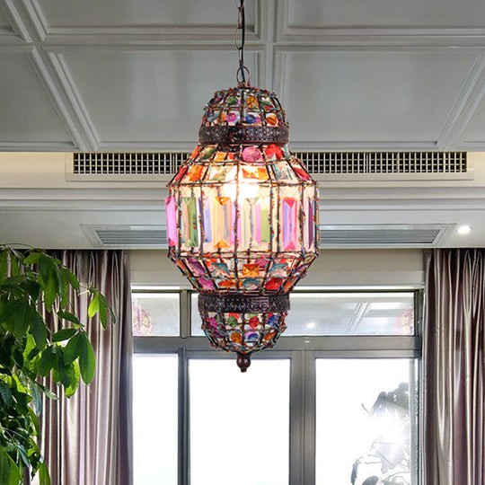 Bohemia Lantern Pendant Light with Crystal Block and Bead Chandelier in Antique Copper