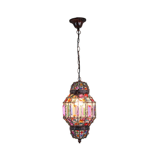 Bohemia Lantern Pendant Light with Crystal Block and Bead Chandelier in Antique Copper