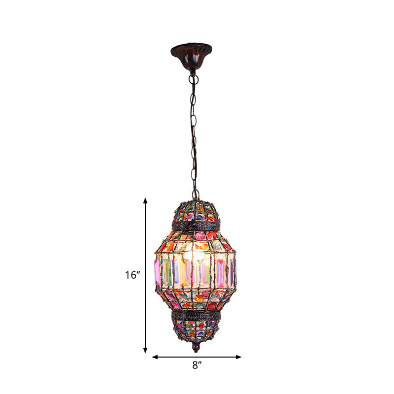 Bohemia Lantern Pendant Light with Crystal Block and Bead Chandelier in Antique Copper