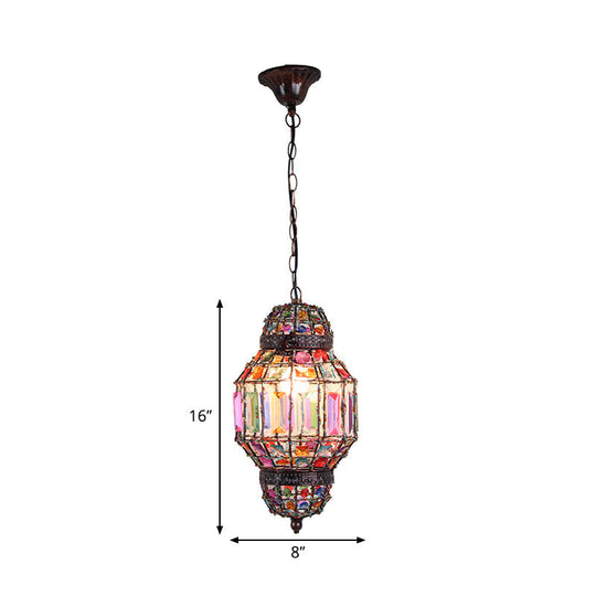 Bohemia Lantern Pendant Light with Crystal Block and Bead Chandelier in Antique Copper