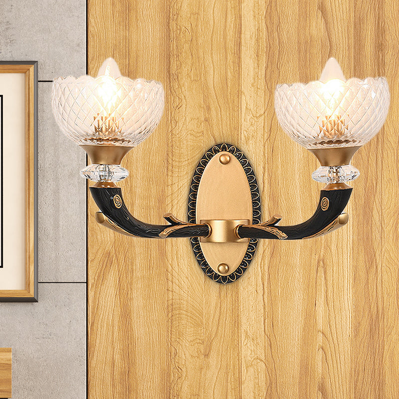 Modern 2-Light Metal Black Sconce With Clear Prismatic Glass Shade - Wall Mounted