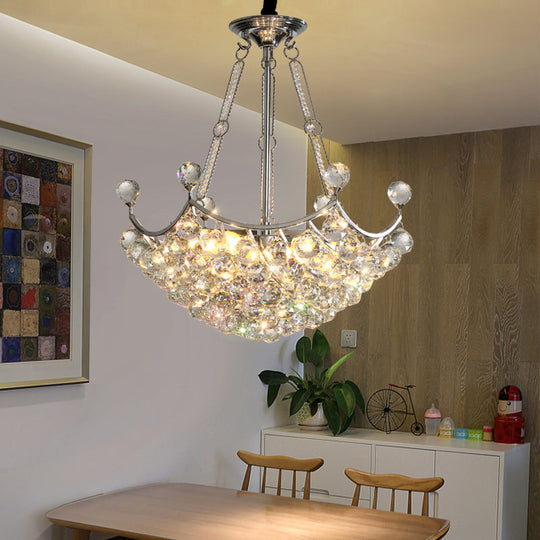 Modern Clear Crystal Bowl Chandelier - 6 Bulb Suspension Light For Dining Table Chrome Finish