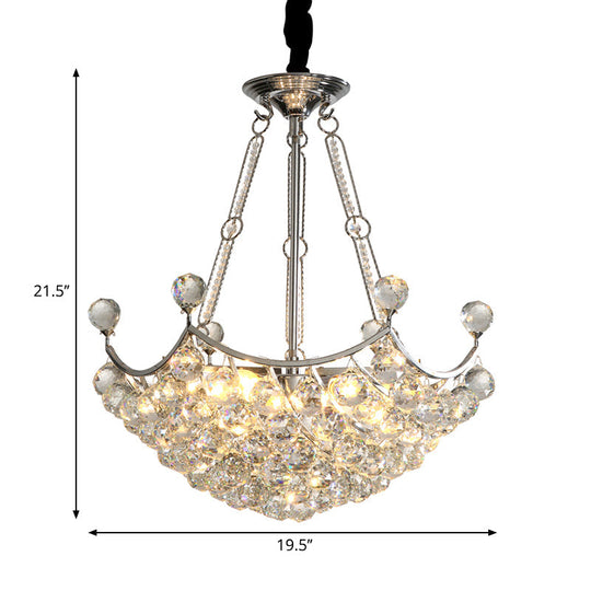 Modern Clear Crystal Bowl Chandelier - 6 Bulb Suspension Light For Dining Table Chrome Finish