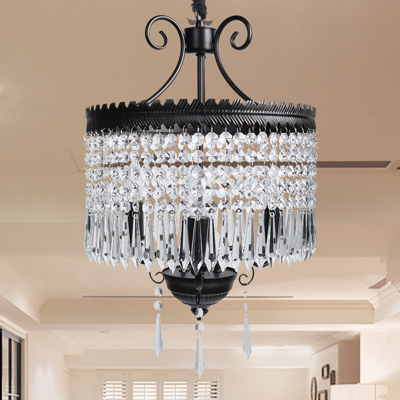 Modern Clear Crystal Beaded Pendant Light with Drum Shade - 3-Light Chandelier in Black