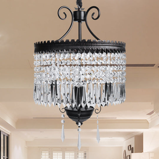 Modern Crystal Beaded Pendant Light With 3 Lights Black Drum Shade Chandelier Lamp