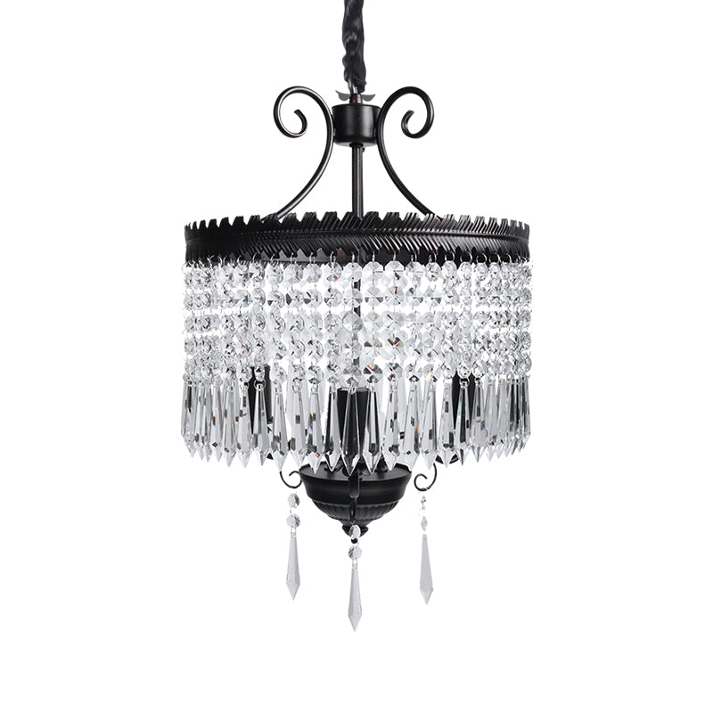 Modern Crystal Beaded Pendant Light With 3 Lights Black Drum Shade Chandelier Lamp