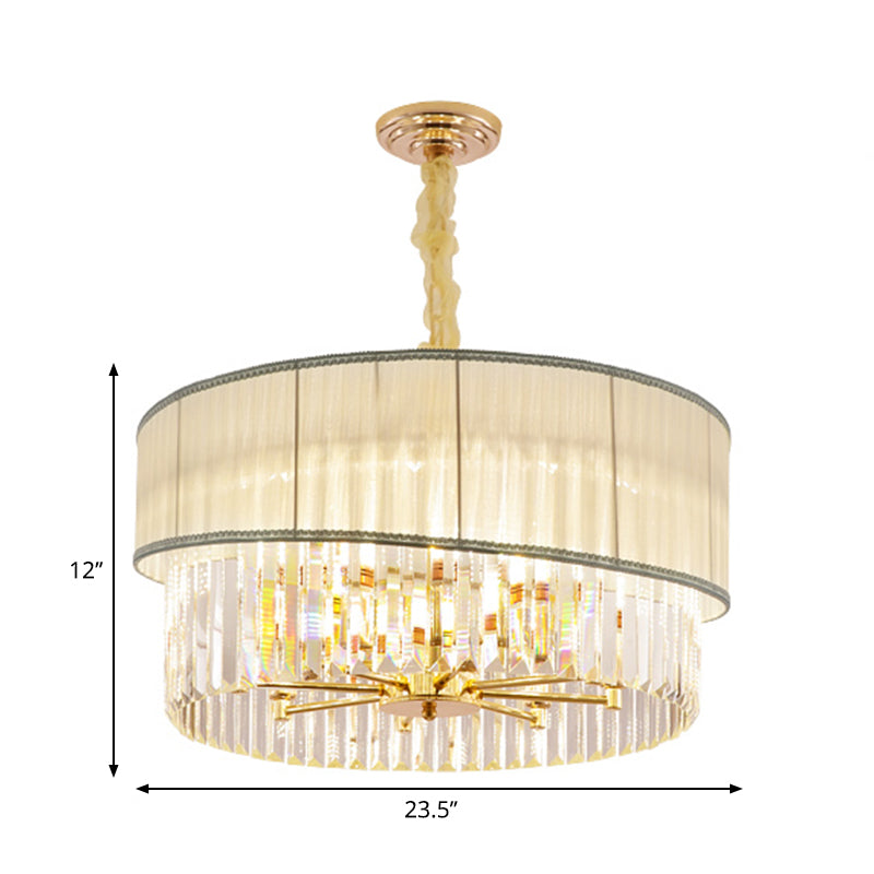 Lustre rond réglable avec blocs de cristal - Suspension contemporaine en or (6/8 lumières - 19,5/23,5" L)