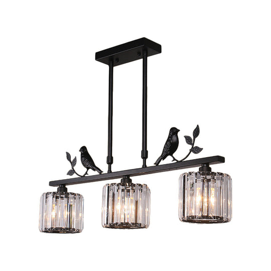 Modern Black/Gold Chandelier Lamp With Clear Crystal Drum Shade Bird Accent - 3 Heads Hanging Light