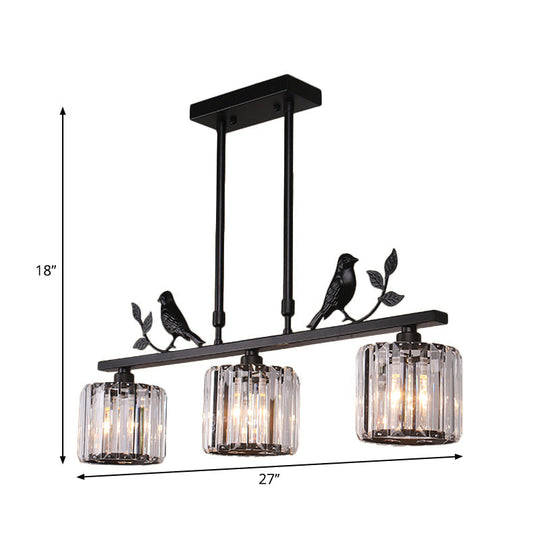 Modern Black/Gold Chandelier Lamp With Clear Crystal Drum Shade Bird Accent - 3 Heads Hanging Light