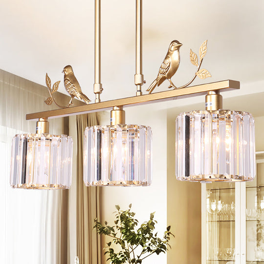 Modern Black/Gold Chandelier Lamp With Clear Crystal Drum Shade Bird Accent - 3 Heads Hanging Light