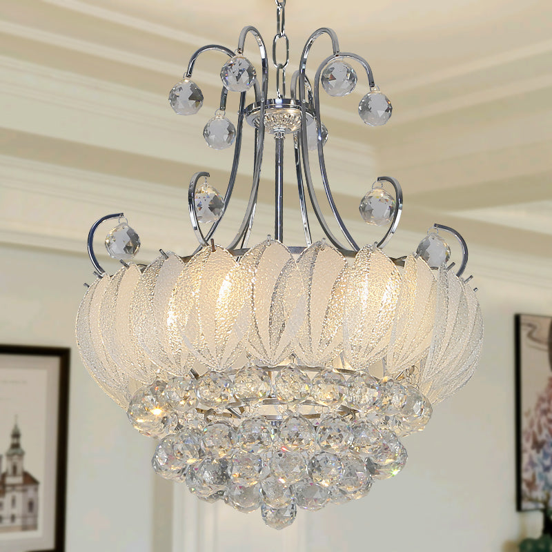 Contemporary Geometric Ceiling Chandelier With Chrome Finish Glass And Crystal Decoration - 4-Bulb