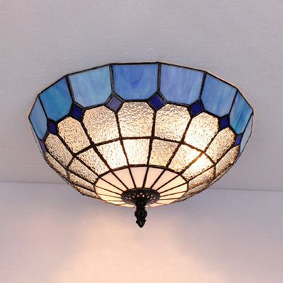 Tiffany Stained Glass Flushmount Light with 2 Beige, Clear and Blue Lights for Your Bathroom