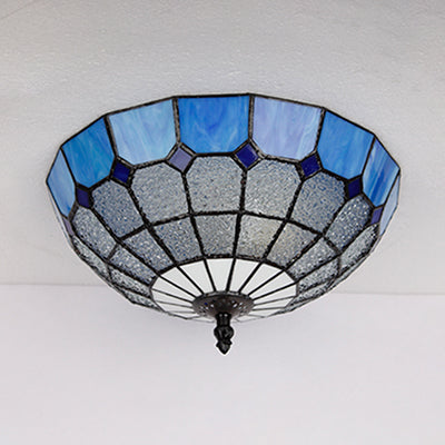 Tiffany Stained Glass Flushmount Light with 2 Beige, Clear and Blue Lights for Your Bathroom