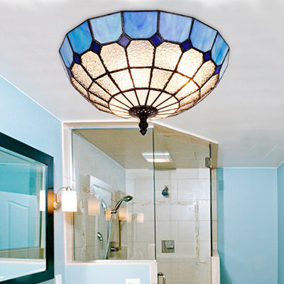 Tiffany Stained Glass Flushmount Light with 2 Beige, Clear and Blue Lights for Your Bathroom