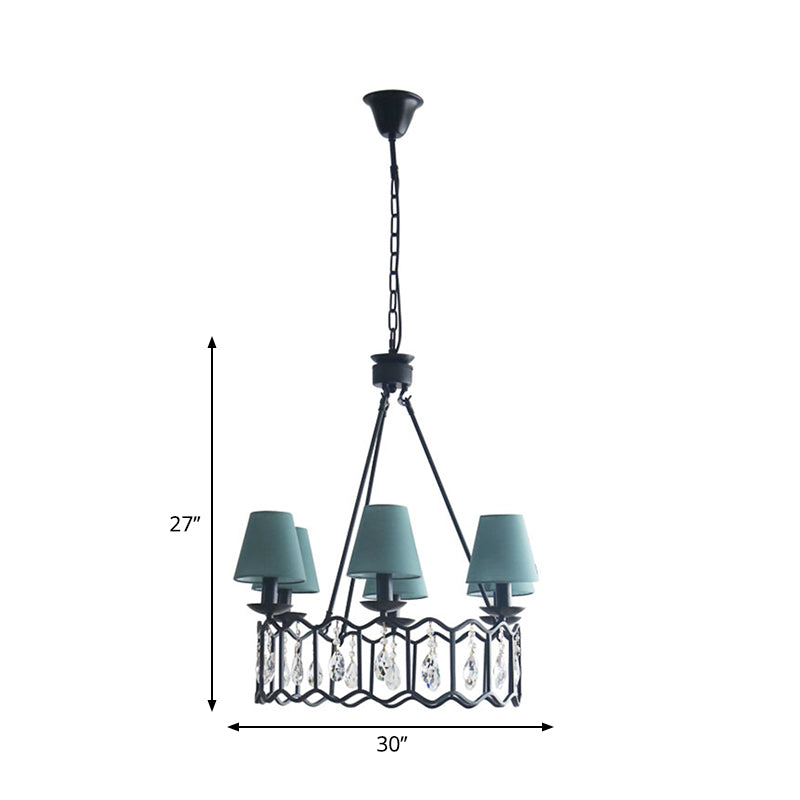 Contemporary 6-Light Black Circular Pendant Chandelier With Crystal Accents And Cone Shades Perfect