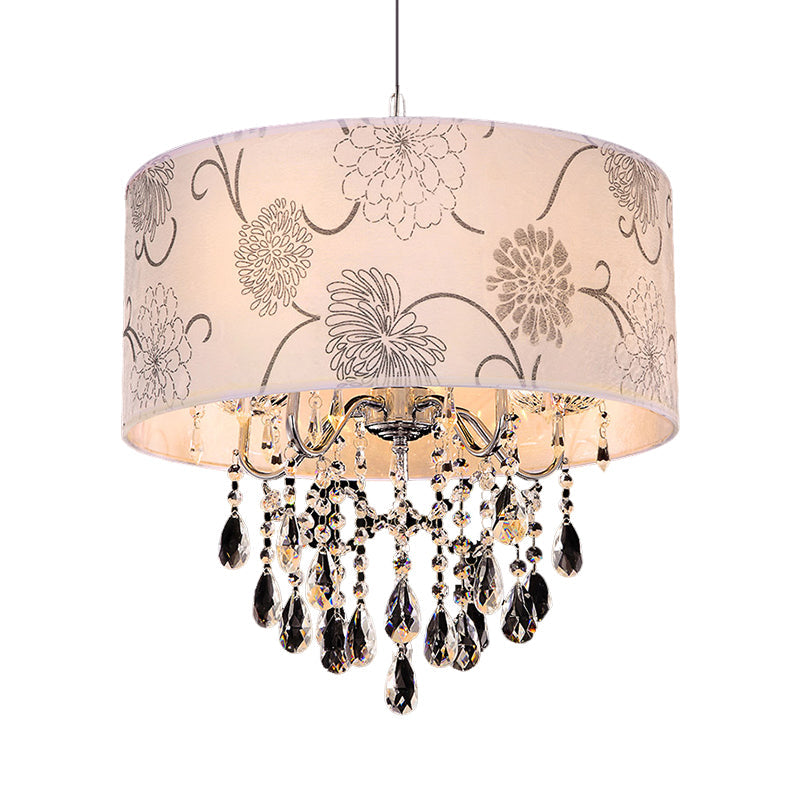 Lustre vintage en cristal à 5 ​​lumières avec motif floral - Suspension avec abat-jour en tissu imprimé en chrome