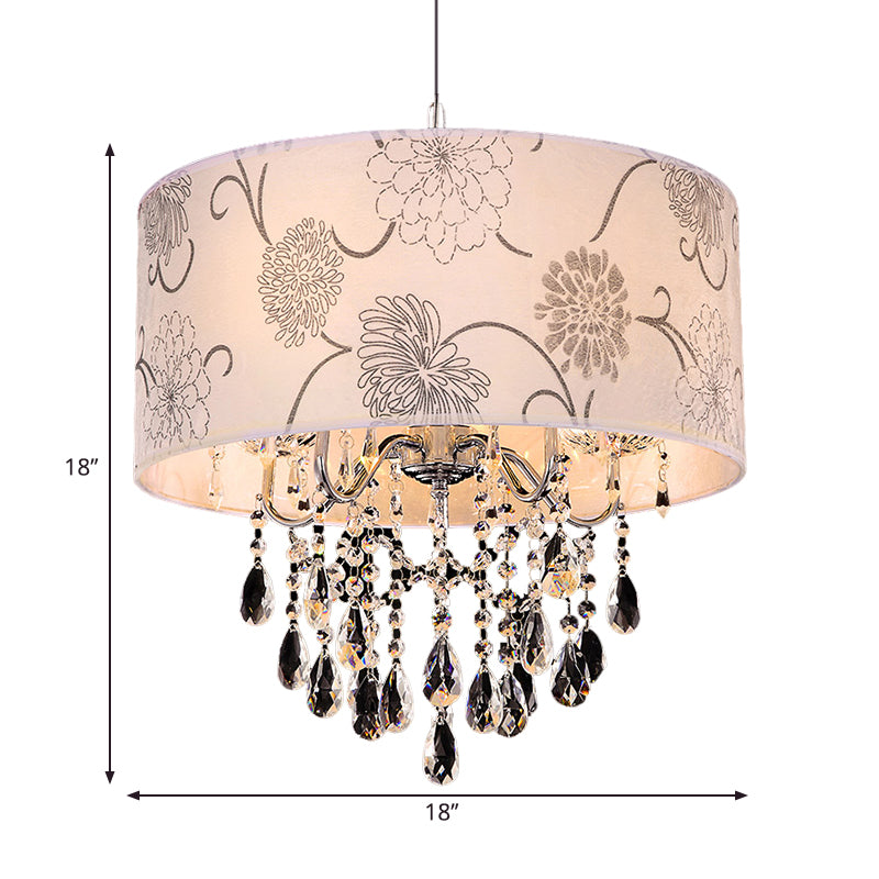 Vintage Crystal 5-Light Chandelier with Flower Pattern - Printing Fabric Shade Pendant Light in Chrome