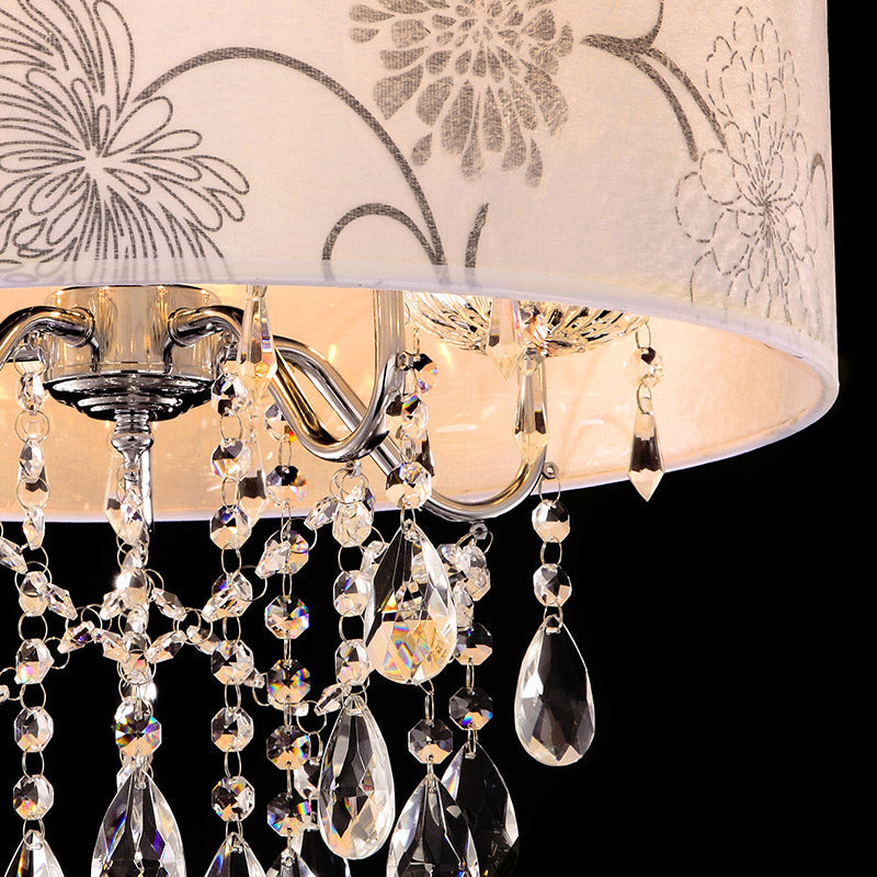 Vintage Crystal 5-Light Chandelier with Flower Pattern - Printing Fabric Shade Pendant Light in Chrome