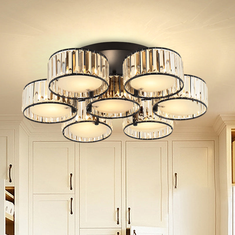 Modern Black Flush Mount Ceiling Light Fixture With Drum Crystal Shade - 3/5/6 Lights For Living