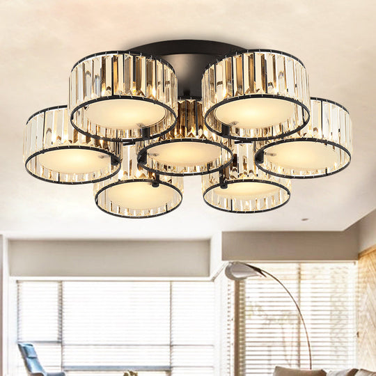 Modern Black Flush Mount Ceiling Light Fixture With Drum Crystal Shade - 3/5/6 Lights For Living