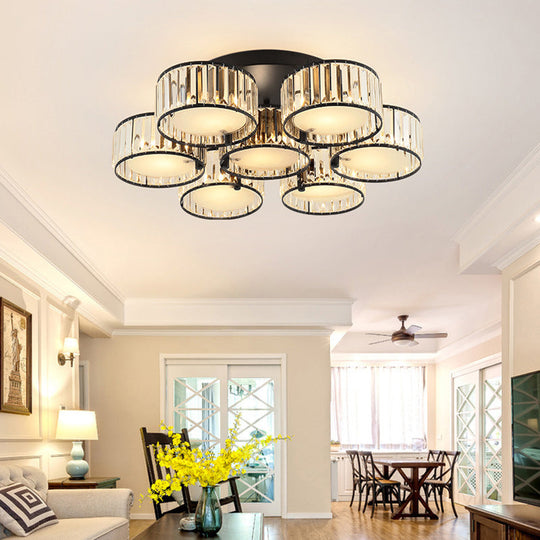 Modern Black Flush Mount Ceiling Light Fixture With Drum Crystal Shade - 3/5/6 Lights For Living