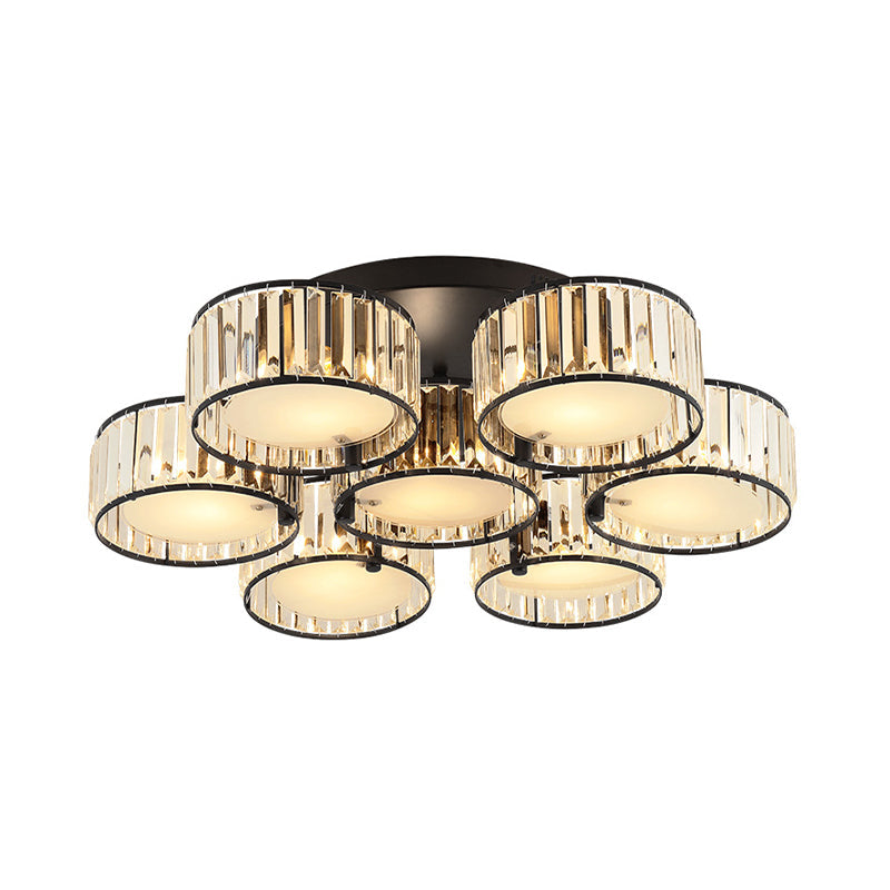 Modern Black Flush Mount Ceiling Light Fixture With Drum Crystal Shade - 3/5/6 Lights For Living