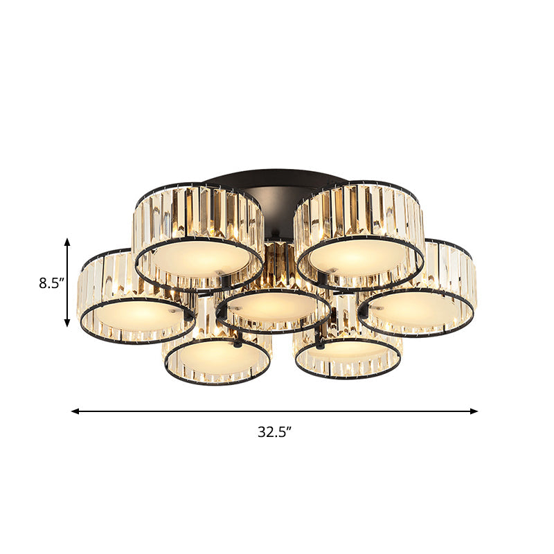 Modern Black Flush Mount Ceiling Light Fixture With Drum Crystal Shade - 3/5/6 Lights For Living