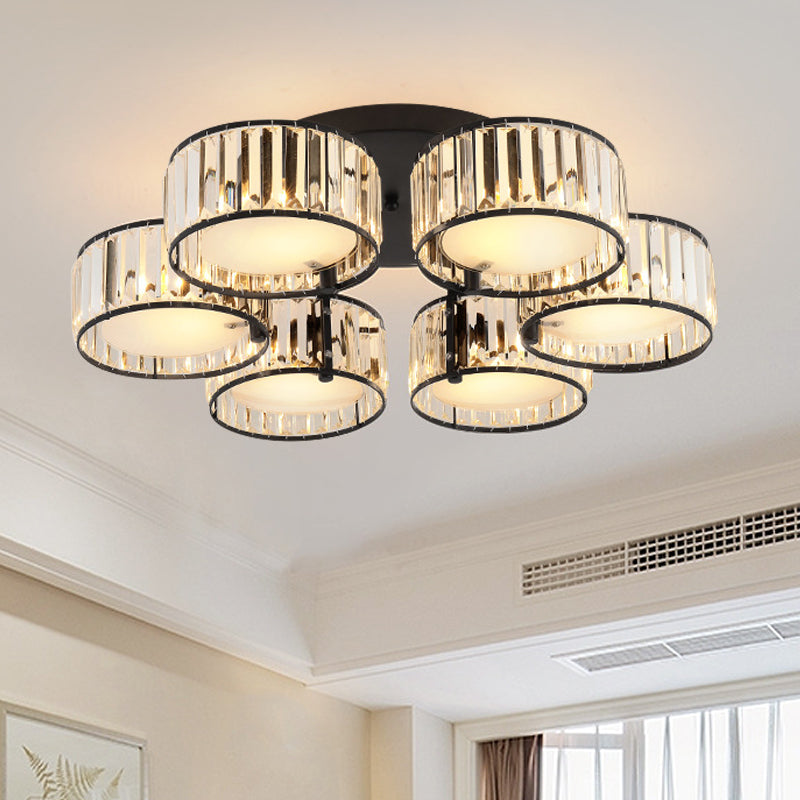 Modern Black Flush Mount Ceiling Light Fixture With Drum Crystal Shade - 3/5/6 Lights For Living