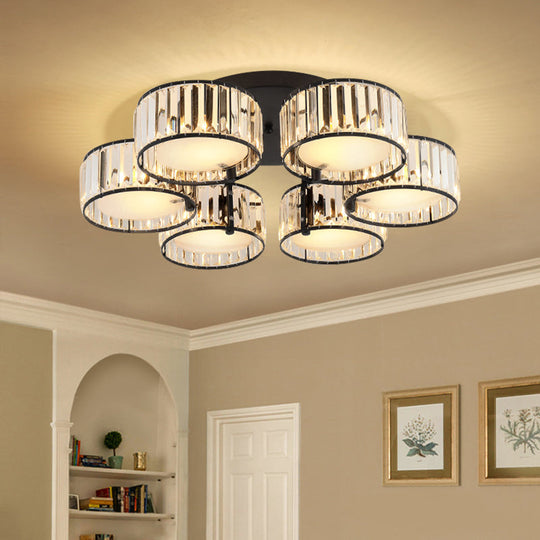 Modern Black Flush Mount Ceiling Light Fixture With Drum Crystal Shade - 3/5/6 Lights For Living