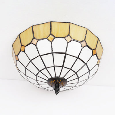 Tiffany Stained Glass Flushmount Light with 2 Beige, Clear and Blue Lights for Your Bathroom