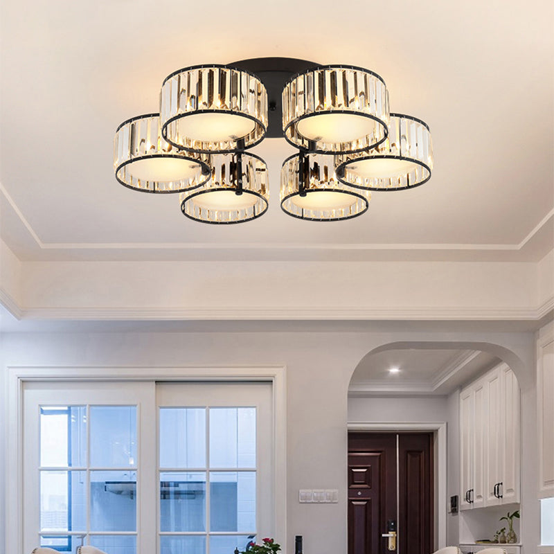 Modern Black Flush Mount Ceiling Light Fixture With Drum Crystal Shade - 3/5/6 Lights For Living