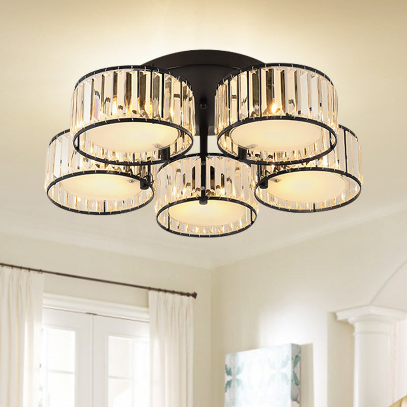 Modern Black Flush Mount Ceiling Light Fixture With Drum Crystal Shade - 3/5/6 Lights For Living