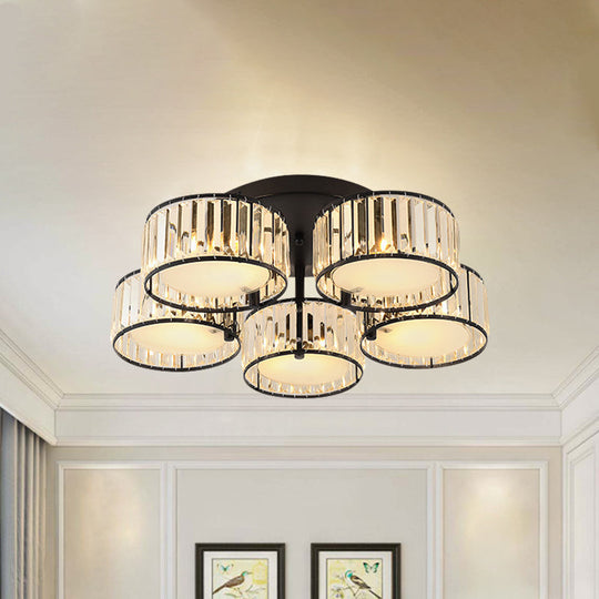 Modern Black Flush Mount Ceiling Light Fixture With Drum Crystal Shade - 3/5/6 Lights For Living