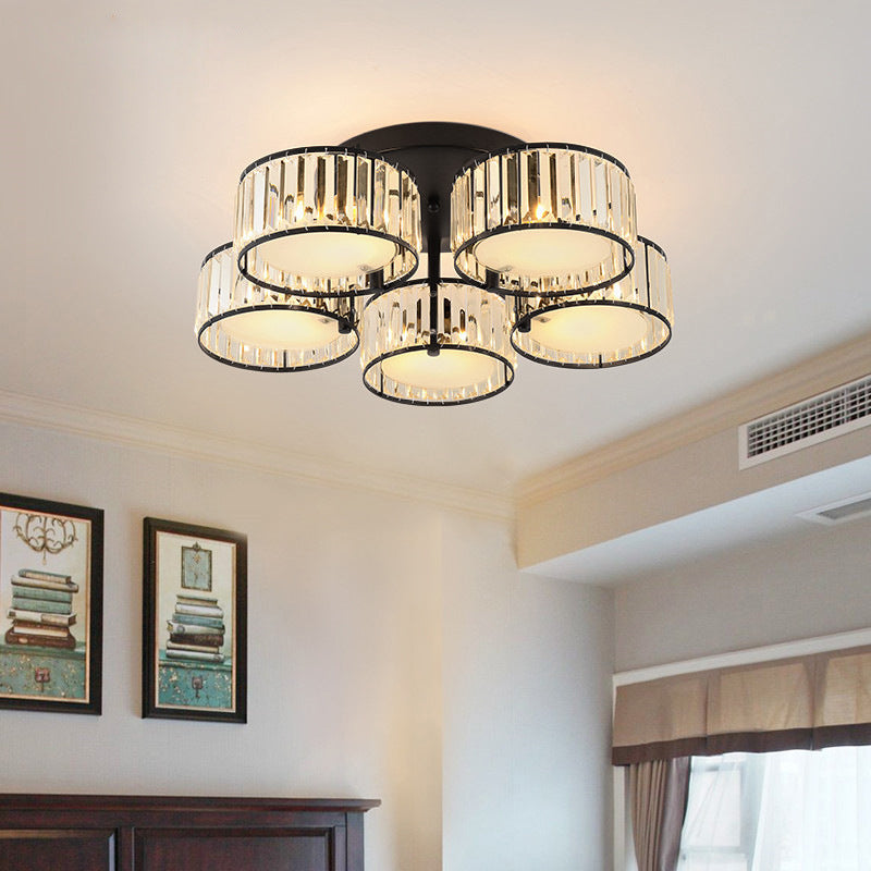 Modern Black Flush Mount Ceiling Light Fixture With Drum Crystal Shade - 3/5/6 Lights For Living