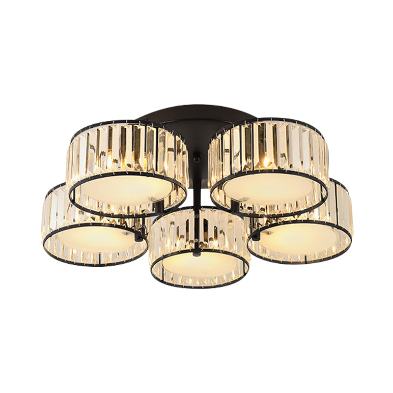 Modern Black Flush Mount Ceiling Light Fixture With Drum Crystal Shade - 3/5/6 Lights For Living