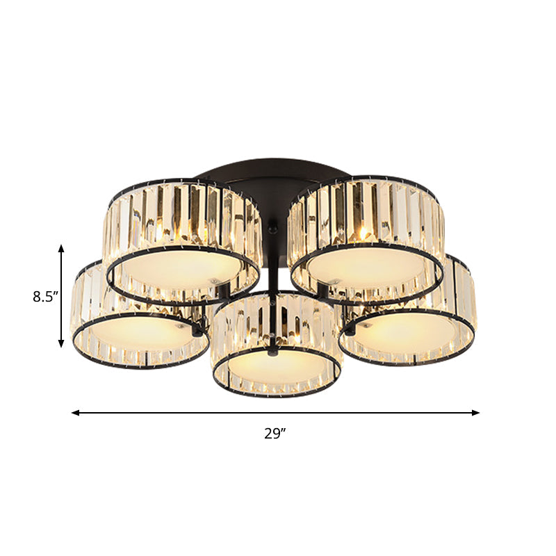 Modern Black Flush Mount Ceiling Light Fixture With Drum Crystal Shade - 3/5/6 Lights For Living