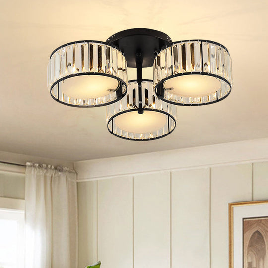 Modern Black Flush Mount Ceiling Light Fixture With Drum Crystal Shade - 3/5/6 Lights For Living