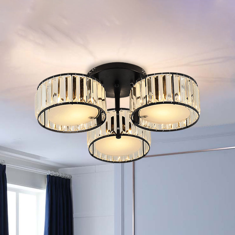 Modern Black Flush Mount Ceiling Light Fixture With Drum Crystal Shade - 3/5/6 Lights For Living