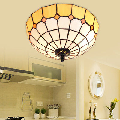 Tiffany Stained Glass Flushmount Light with 2 Beige, Clear and Blue Lights for Your Bathroom