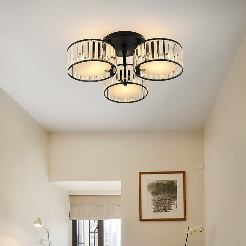 Modern Black Flush Mount Ceiling Light Fixture With Drum Crystal Shade - 3/5/6 Lights For Living