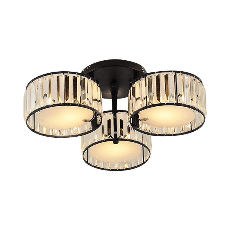 Modern Black Flush Mount Ceiling Light Fixture With Drum Crystal Shade - 3/5/6 Lights For Living