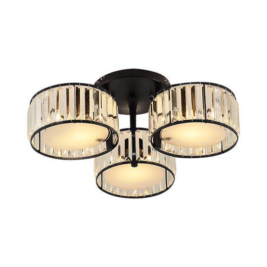 Modern Black Flush Mount Ceiling Light Fixture With Drum Crystal Shade - 3/5/6 Lights For Living