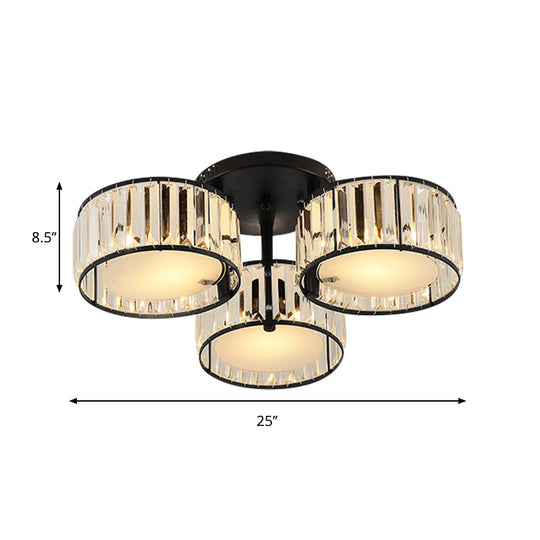 Modern Black Flush Mount Ceiling Light Fixture With Drum Crystal Shade - 3/5/6 Lights For Living