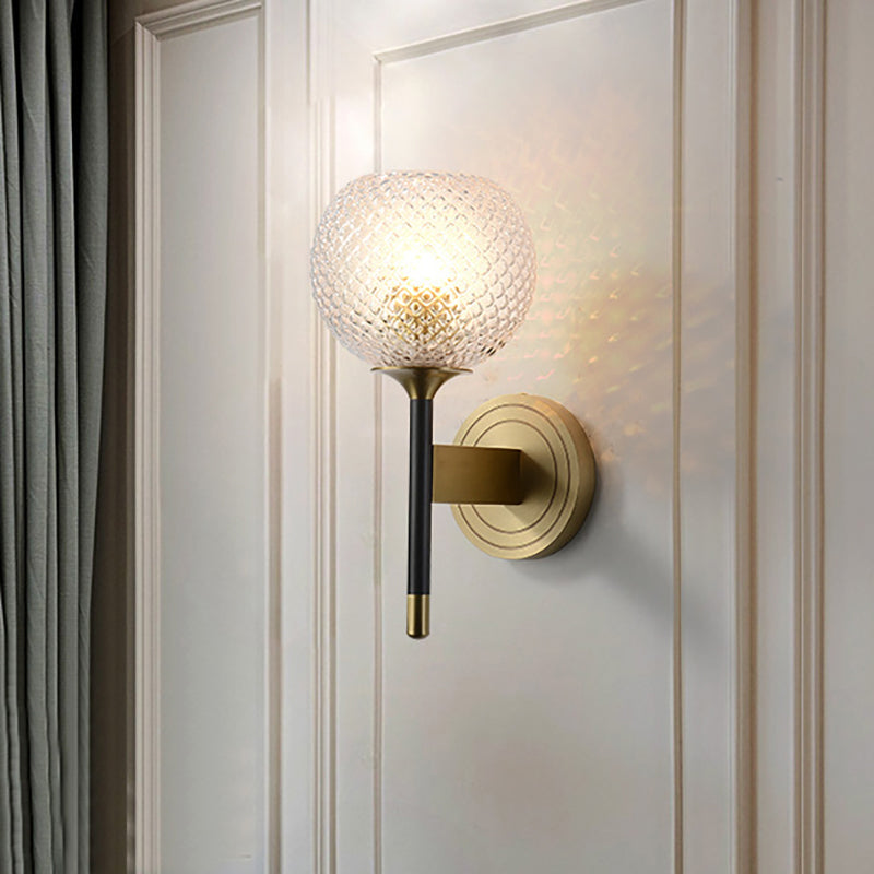 Mid-Century Brass Lattice Glass Wall Sconce - Flush Mount Lamp With Dome Shade Ideal For Corridors