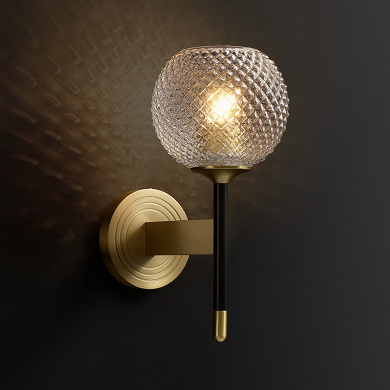 Mid-Century Brass Lattice Glass Wall Sconce - Flush Mount Lamp With Dome Shade Ideal For Corridors