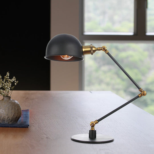 Industrial Style Black/Brass Domed Table Lamp With Adjustable Arm - Metallic 1-Bulb Lighting For