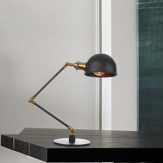 Industrial Style Black/Brass Domed Table Lamp With Adjustable Arm - Metallic 1-Bulb Lighting For