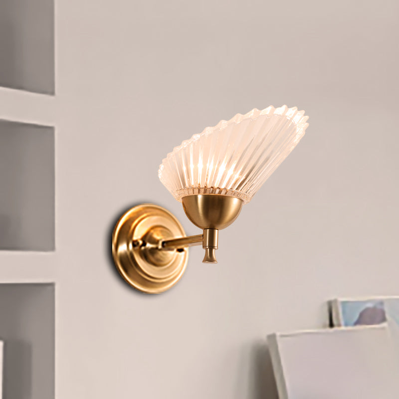 Modern Brass Wall Sconce With Scalloped Frosted Glass Shade